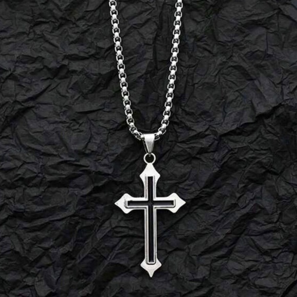 Cross Necklace Unisex Black and Silver - Picture 2 of 9
